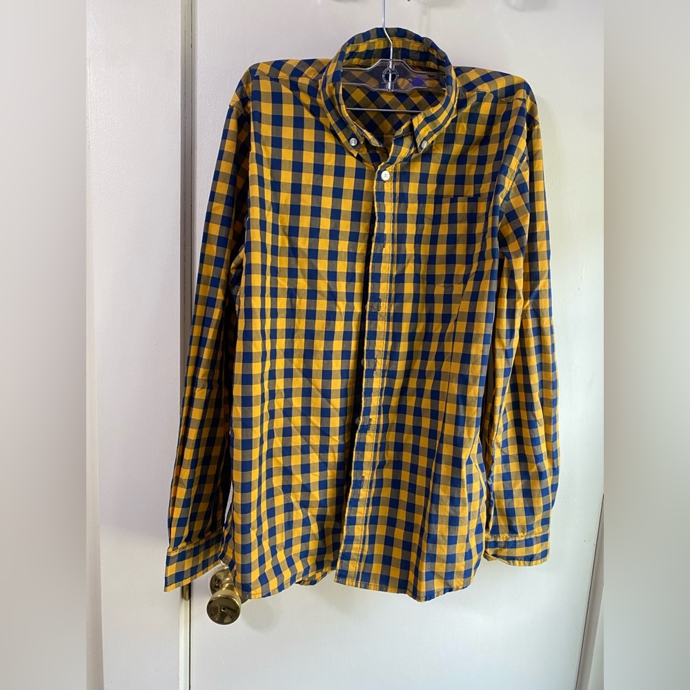 Basic edition, extra large, long sleeve, button up blue and yellow square plaid